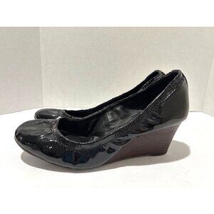 Tory Burch Women's 9.5 Black Patent Leather Eddie Wedge Heels Preppy Classic